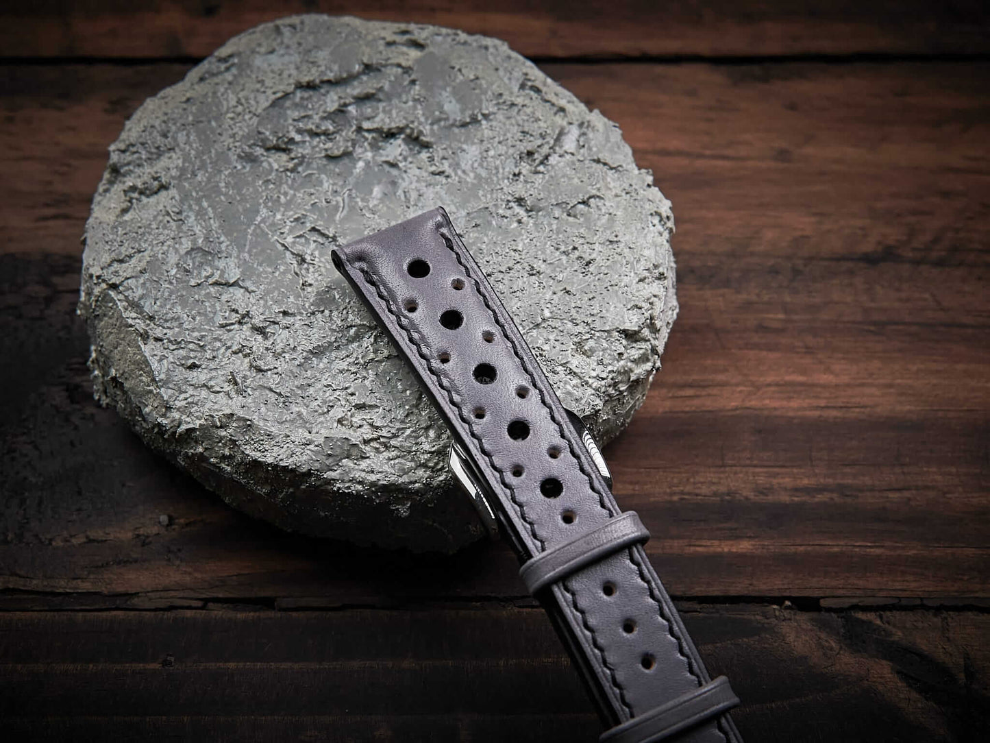 Gray veg tan leather rally strap. Customizable size and details.-2 Moons Leather