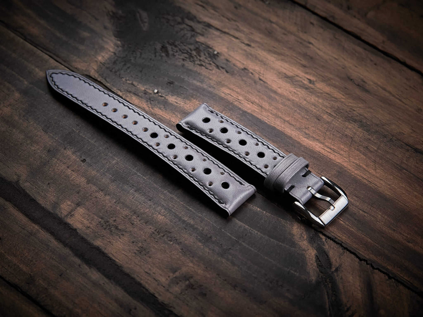 Gray veg tan leather rally strap. Customizable size and details.-2 Moons Leather