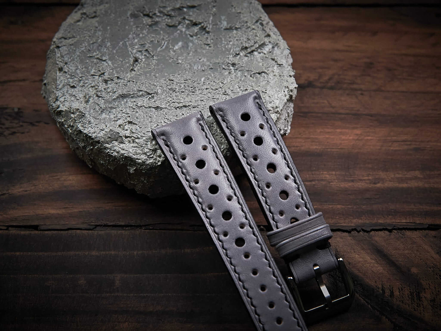 Gray veg tan leather rally strap. Customizable size and details.-2 Moons Leather