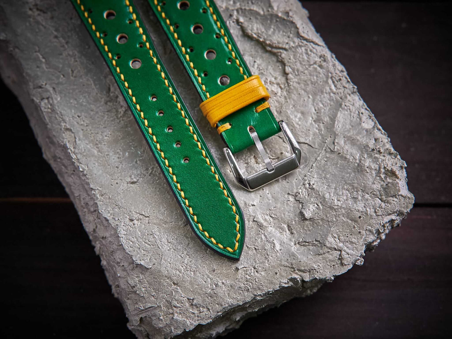 Green mix yellow veg tan leather rally strap. Customizable size and details.-2 Moons Leather