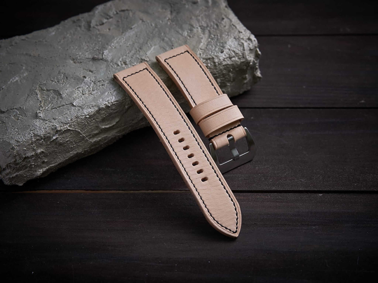 Natural veg tan leather Panerai strap. Customizable size and details.-2 Moons Leather