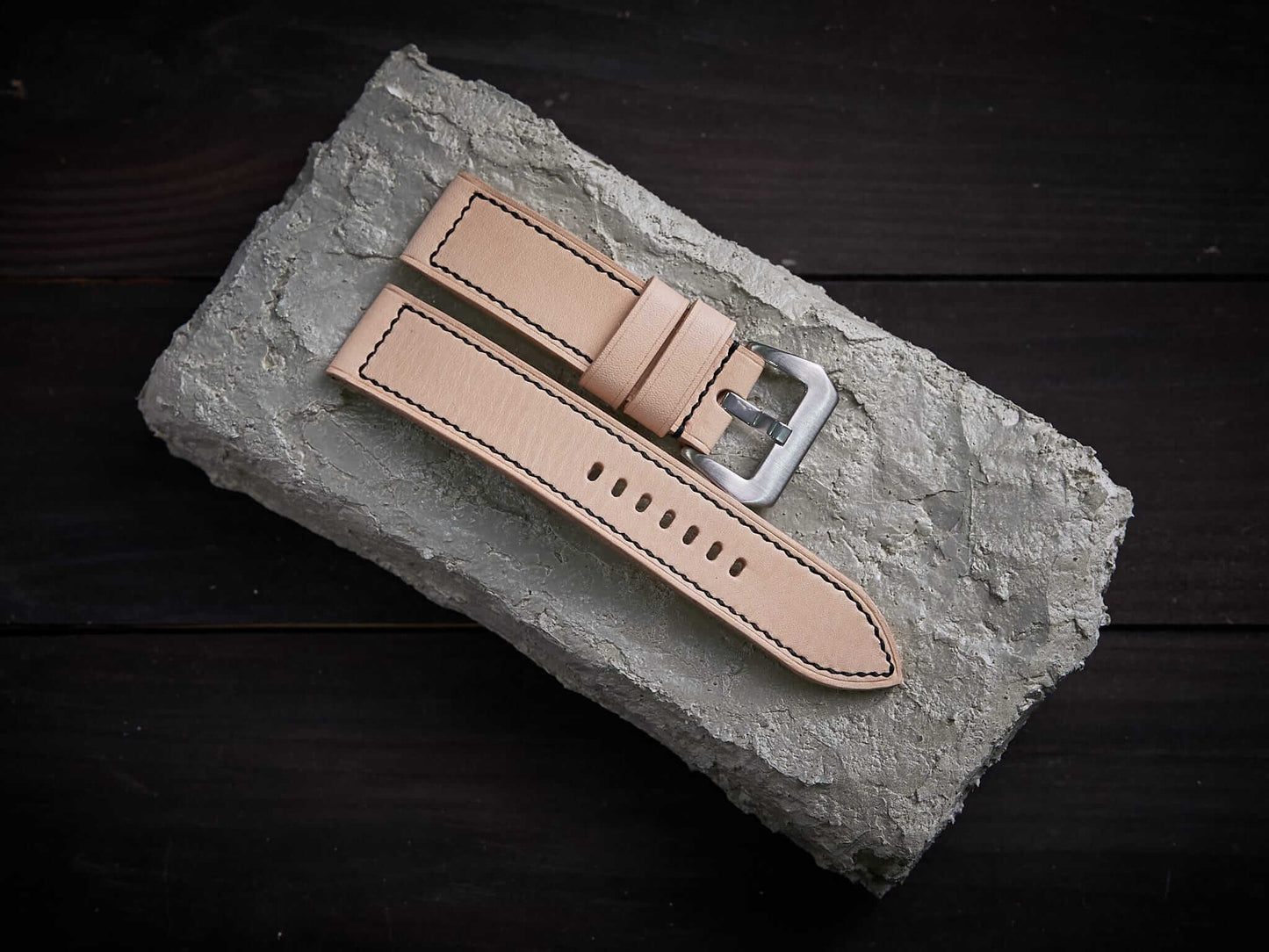 Natural veg tan leather Panerai strap. Customizable size and details.-2 Moons Leather