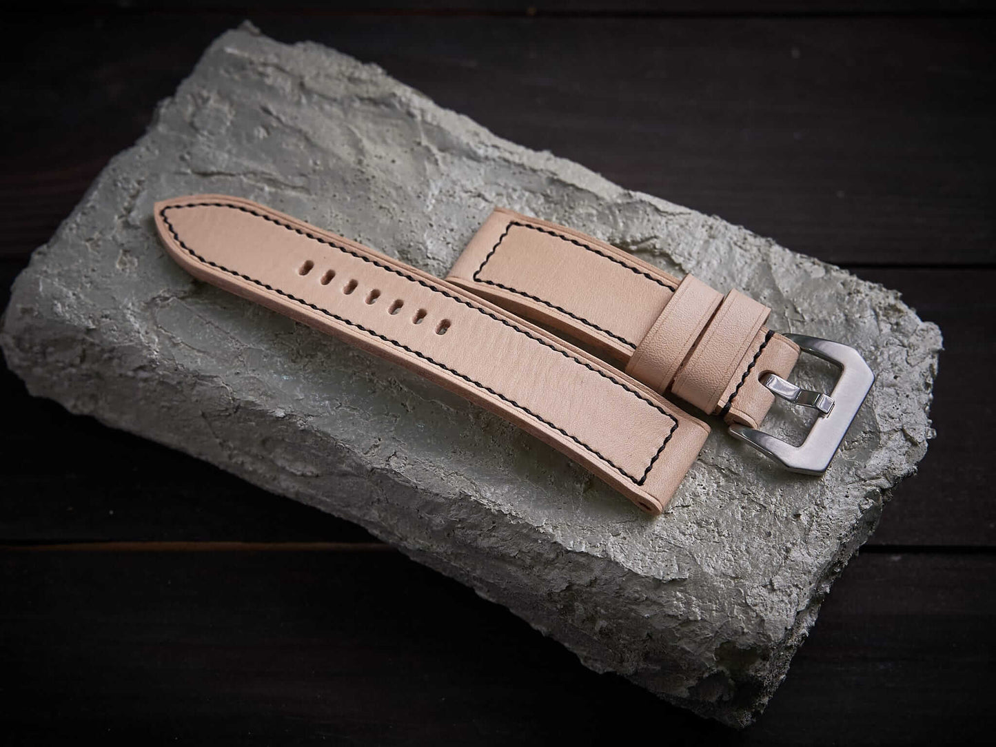 Natural veg tan leather Panerai strap. Customizable size and details.-2 Moons Leather