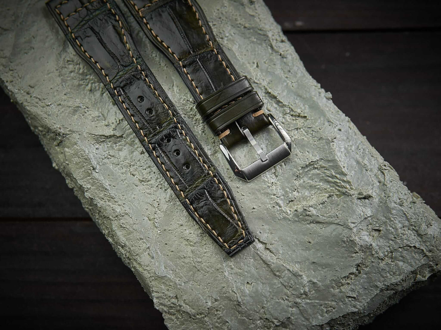 Olive green alligator leather pilot strap. Customizable IWC strap.-2 Moons Leather