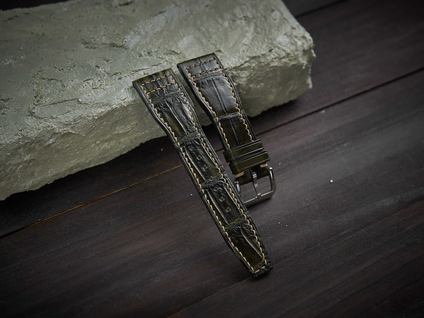 Olive green alligator leather pilot strap. Customizable IWC strap.-2 Moons Leather