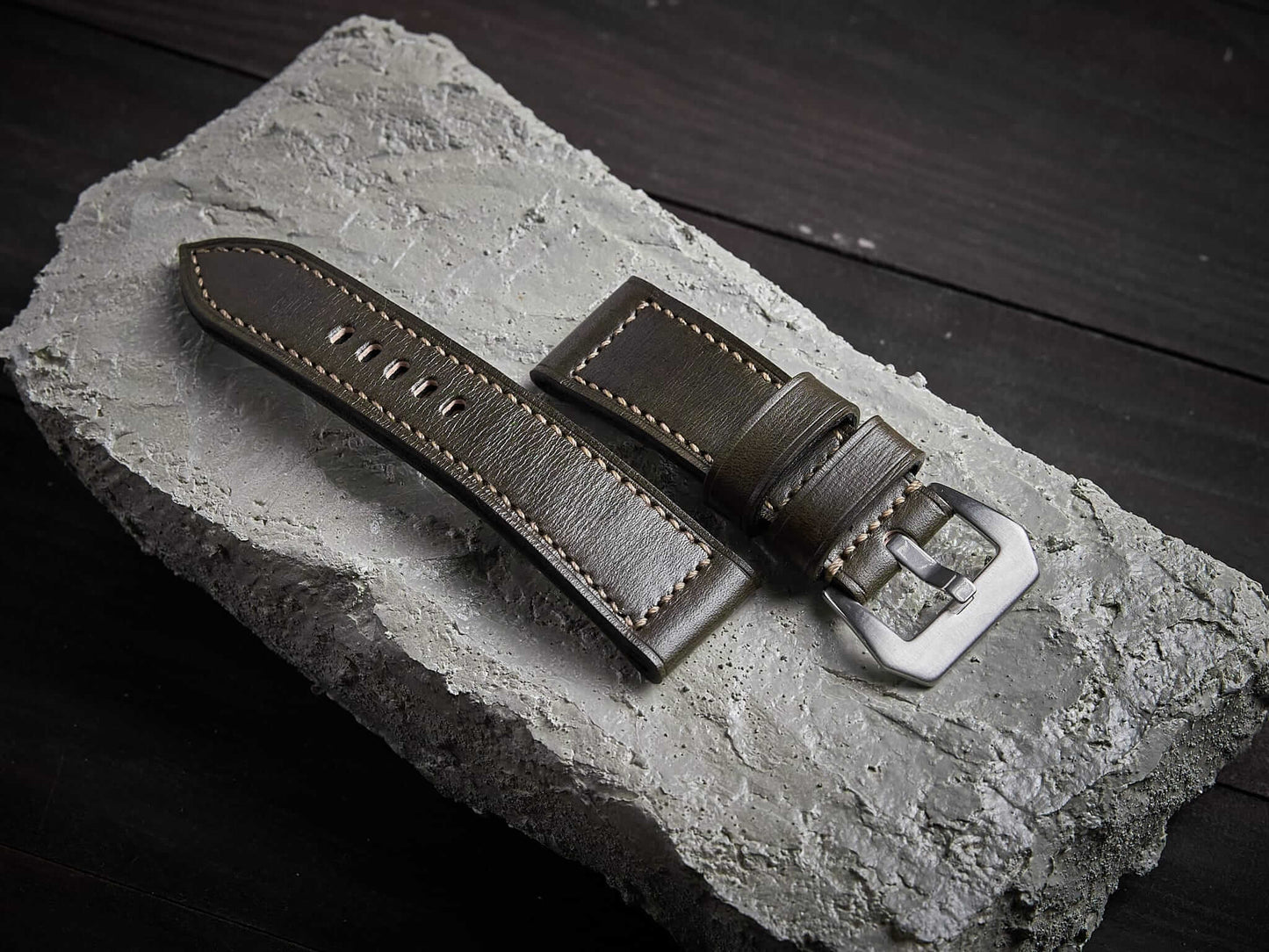 Olive green veg tan leather Panerai strap. Customizable size and details.-2 Moons Leather