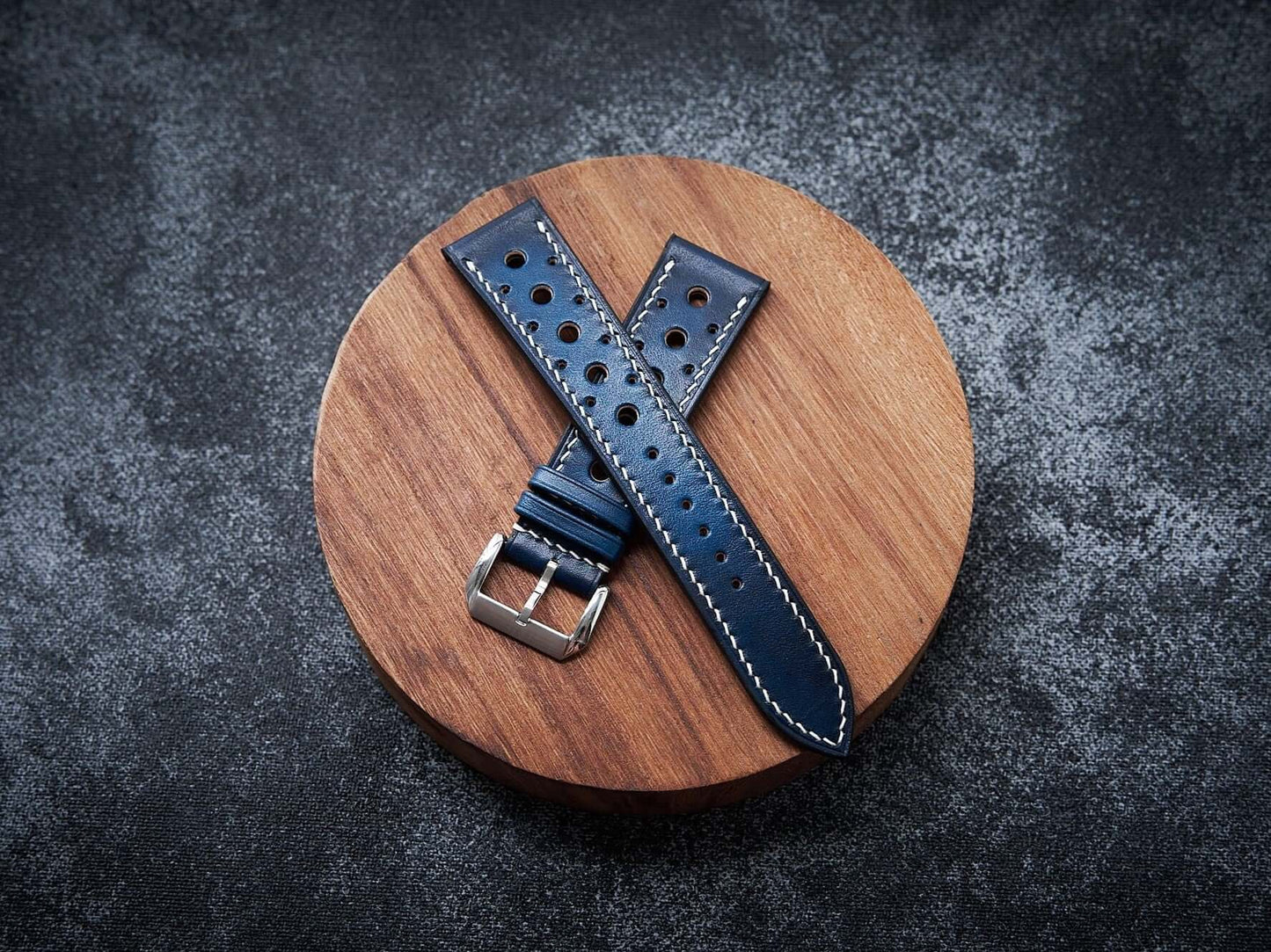 Patina blue leather rally strap. Customizable size and details.-2 Moons Leather