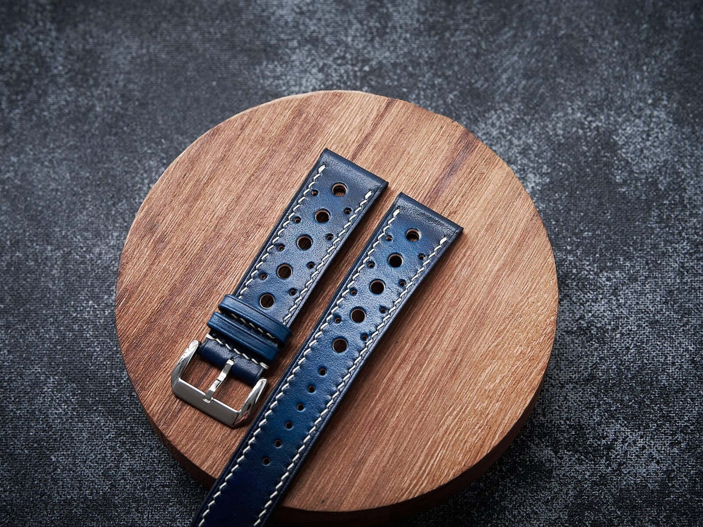 Patina blue leather rally strap. Customizable size and details.-2 Moons Leather