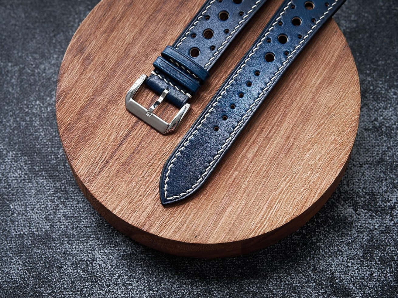 Patina blue leather rally strap. Customizable size and details.-2 Moons Leather