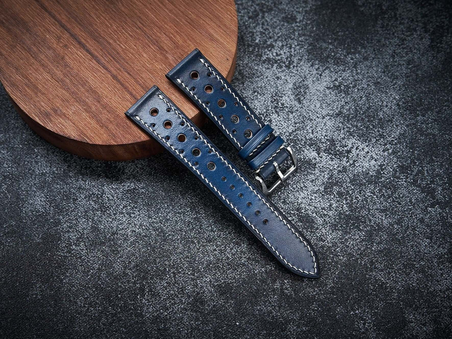 Patina blue leather rally strap. Customizable size and details.-2 Moons Leather