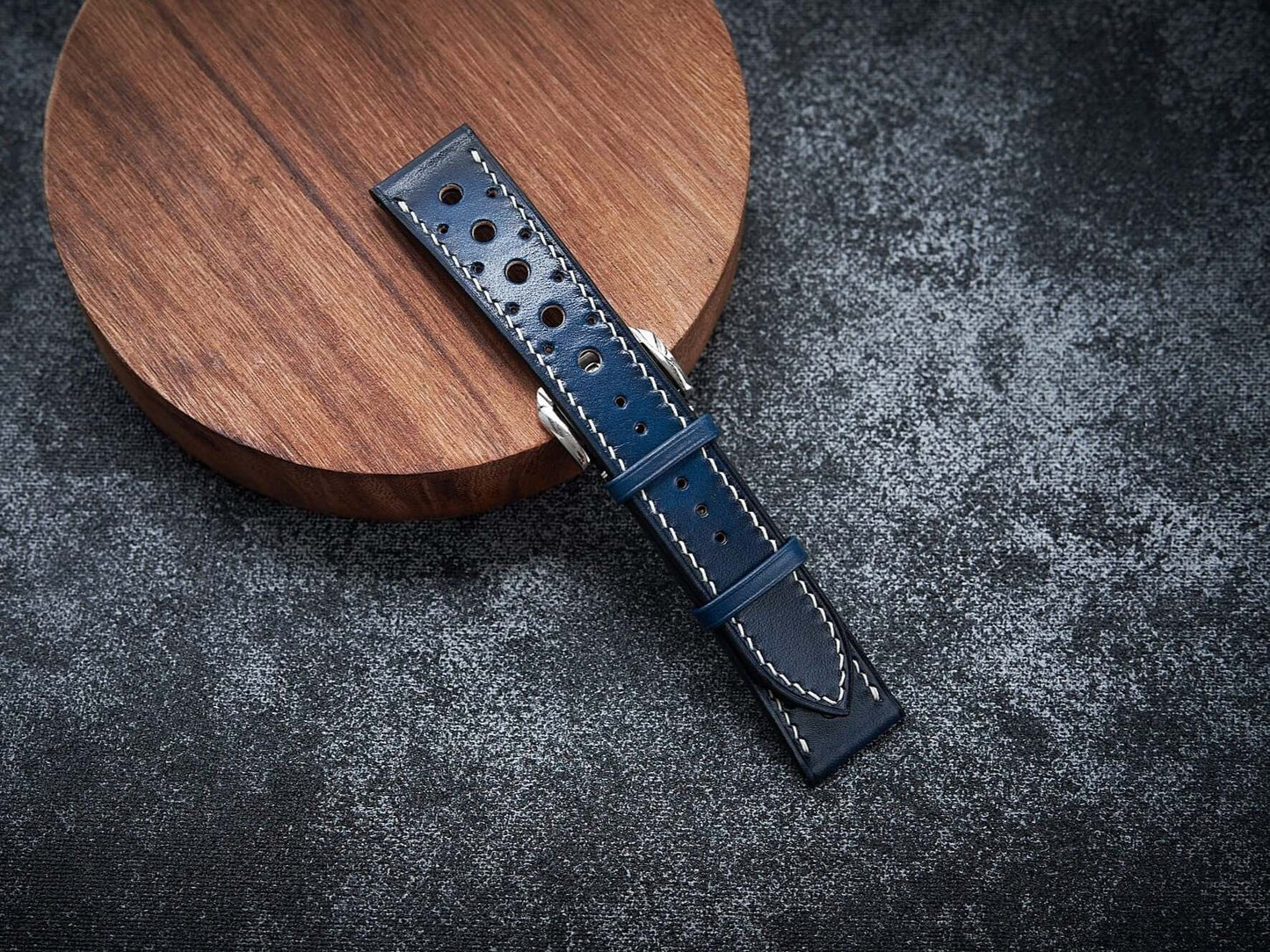 Patina blue leather rally strap. Customizable size and details.-2 Moons Leather