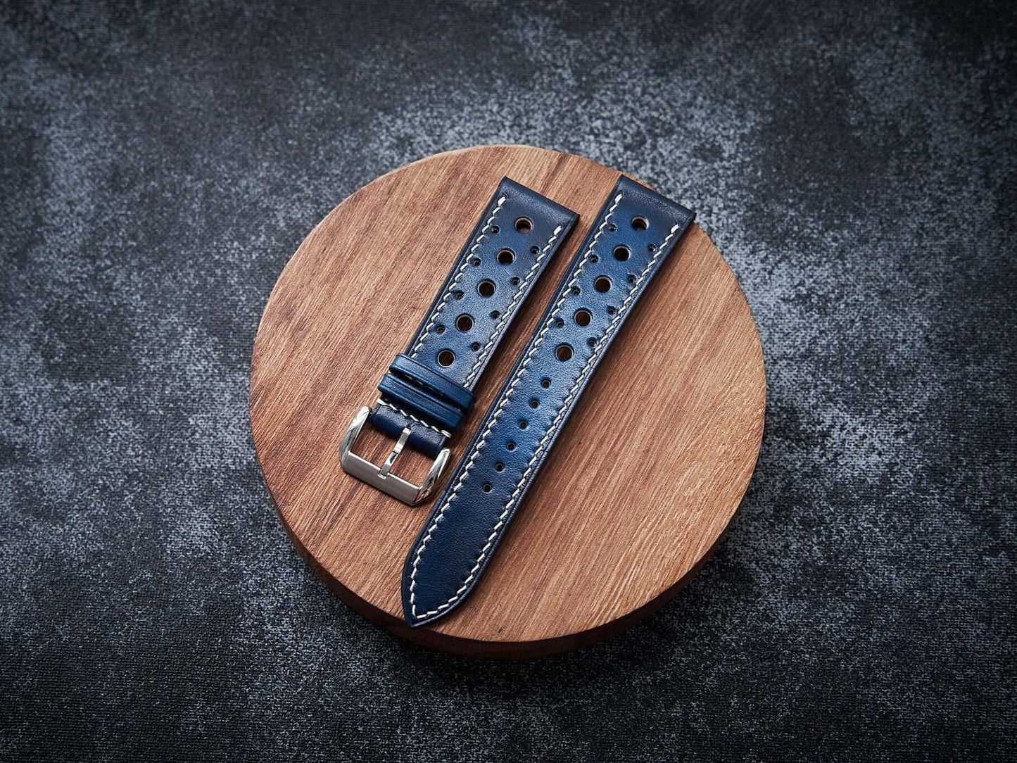 Patina blue leather rally strap. Customizable size and details.-2 Moons Leather