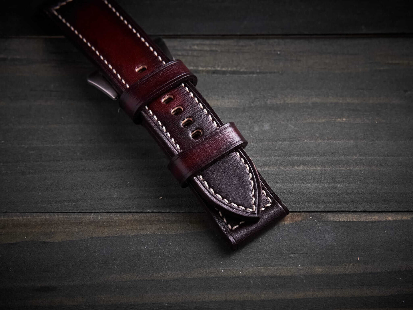 Patina mahogany veg tan leather Panerai strap. Customizable size and details.-2 Moons Leather