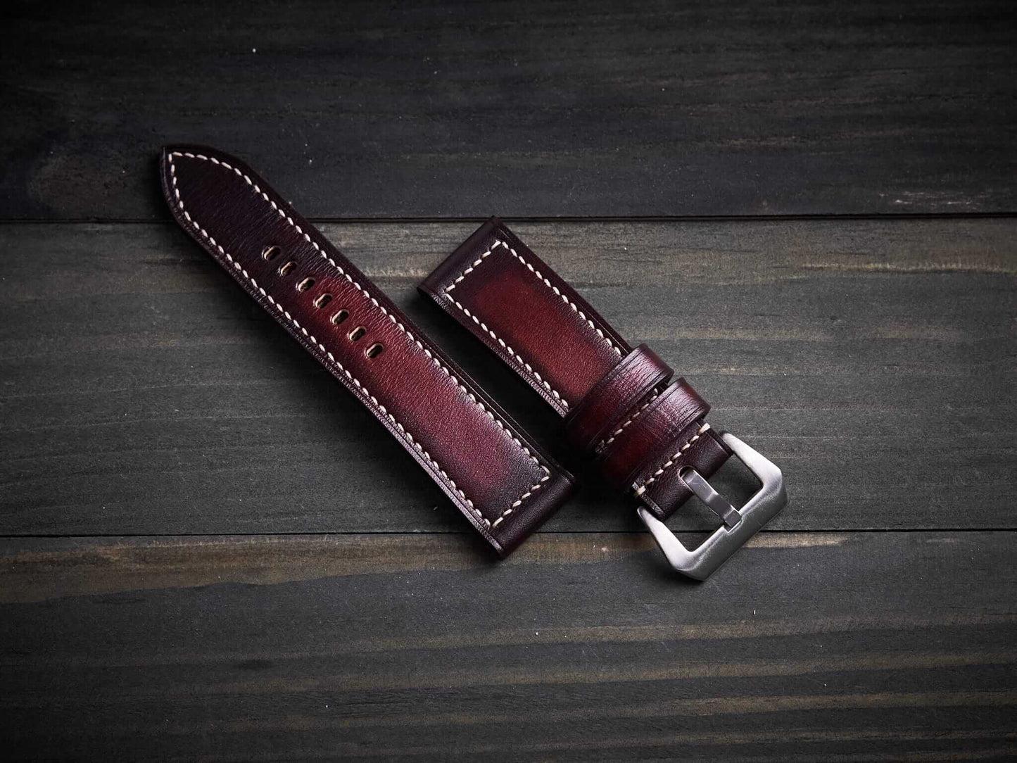 Patina mahogany veg tan leather Panerai strap. Customizable size and details.-2 Moons Leather