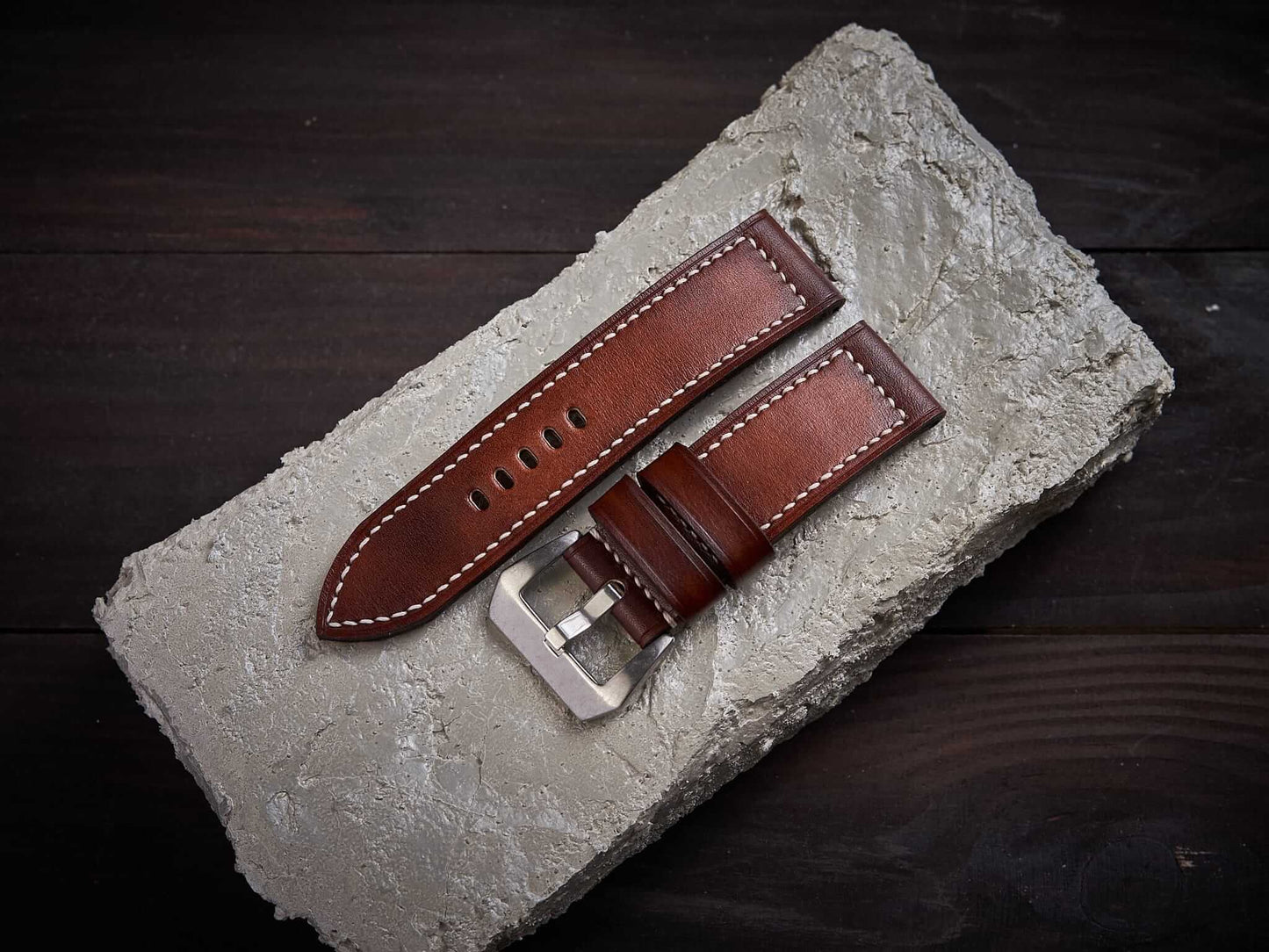 Patina orange brown veg tan leather Panerai strap. Customizable size and details.-2 Moons Leather