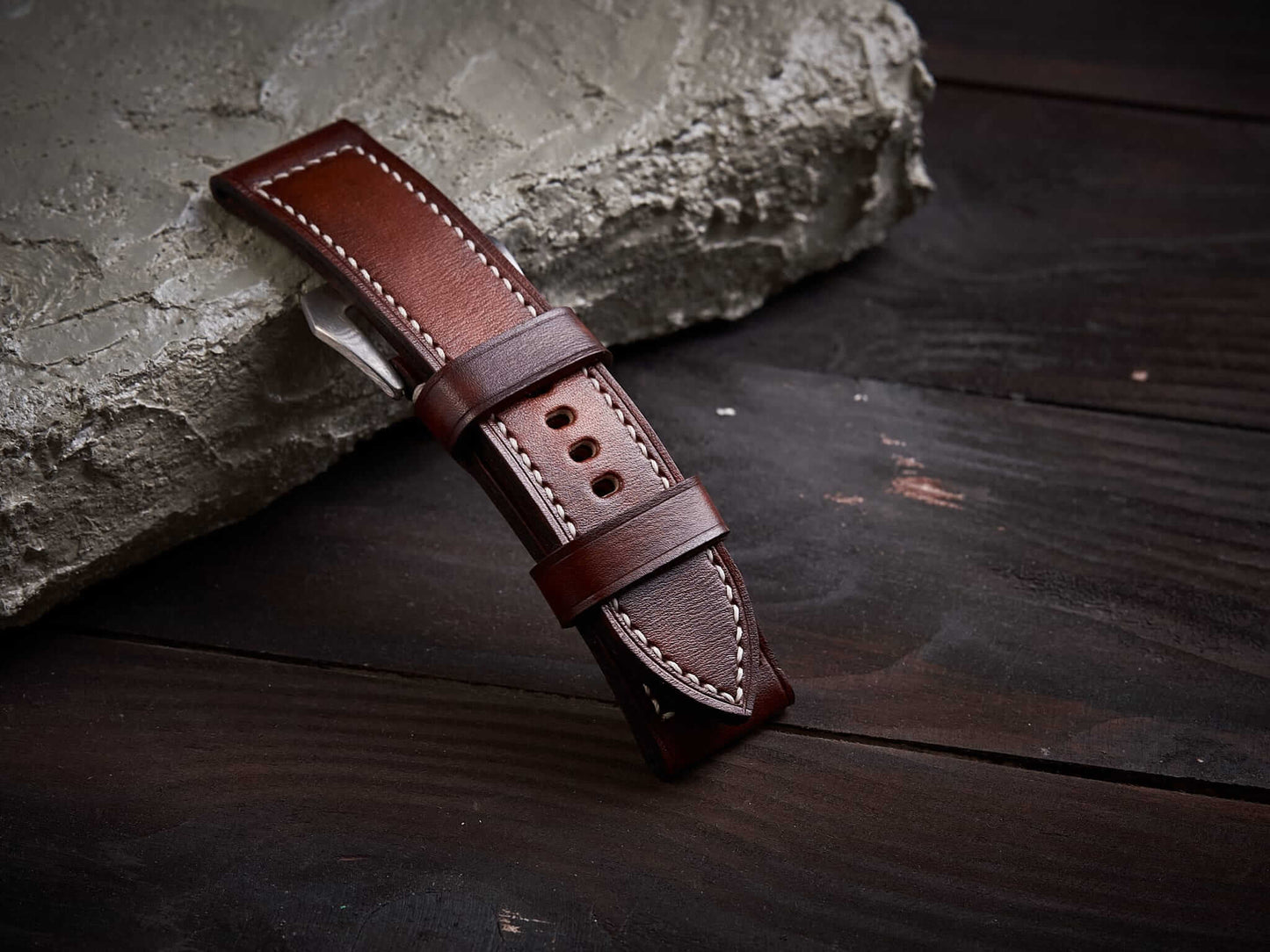Patina orange brown veg tan leather Panerai strap. Customizable size and details.-2 Moons Leather