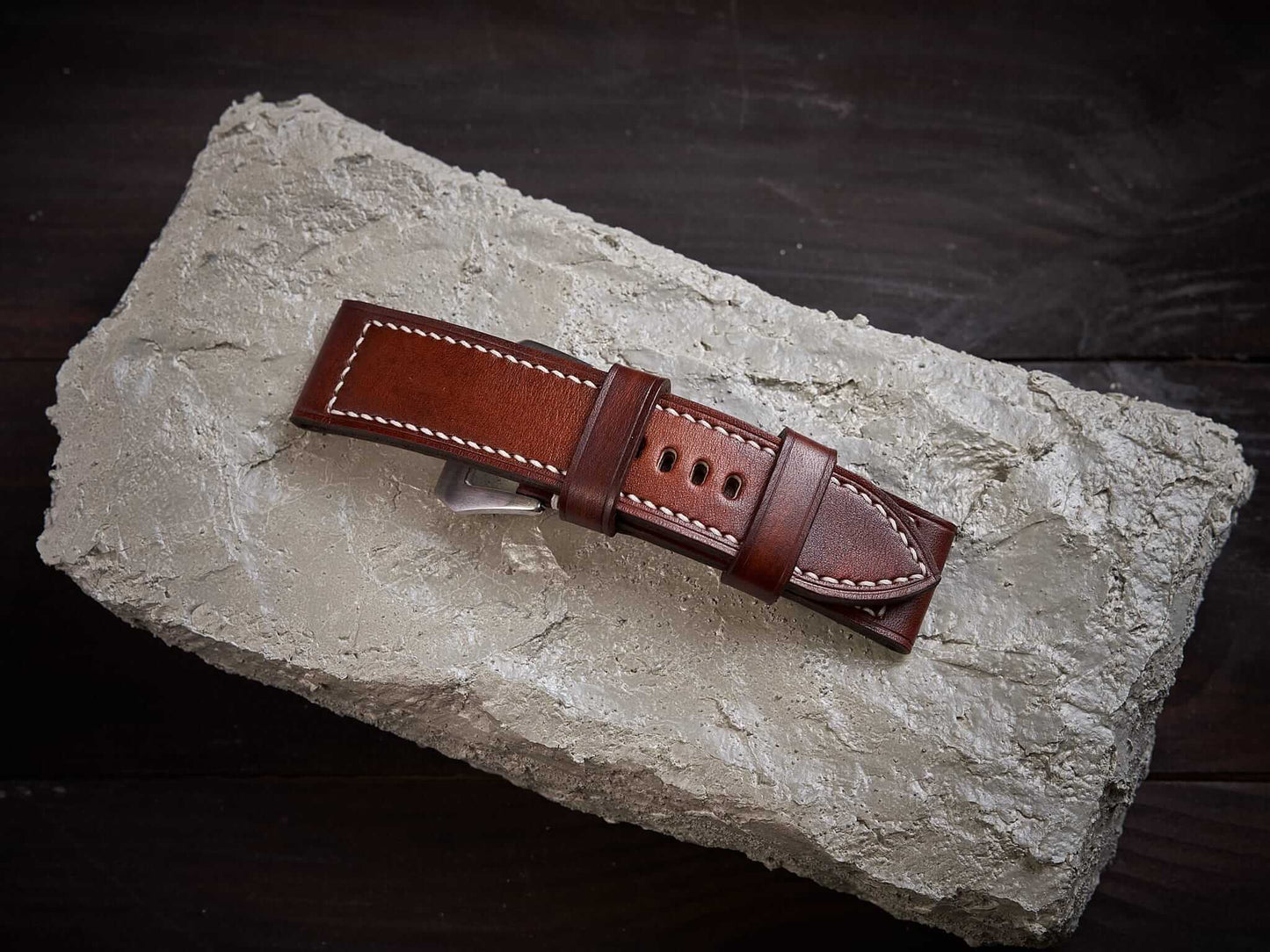 Patina orange brown veg tan leather Panerai strap. Customizable size and details.-2 Moons Leather