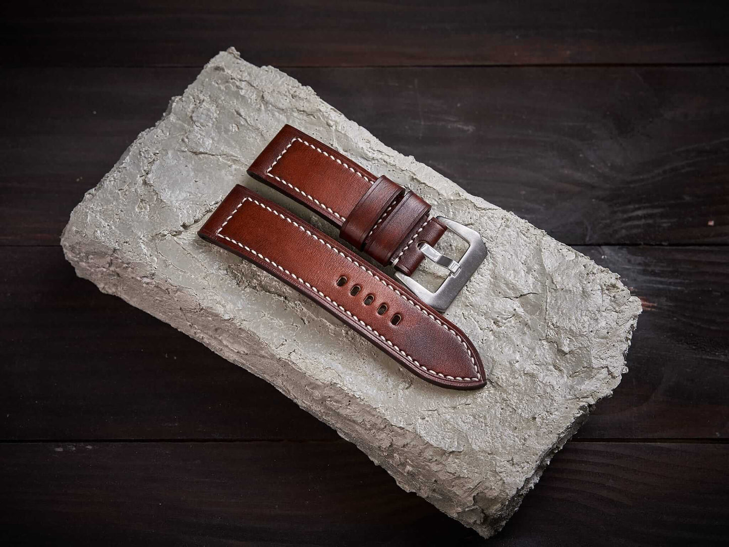 Patina orange brown veg tan leather Panerai strap. Customizable size and details.-2 Moons Leather