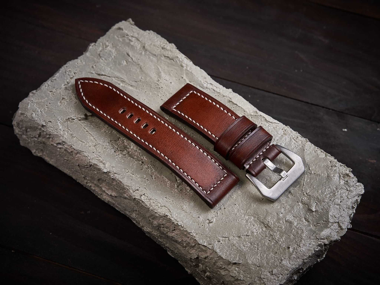 Patina orange brown veg tan leather Panerai strap. Customizable size and details.-2 Moons Leather