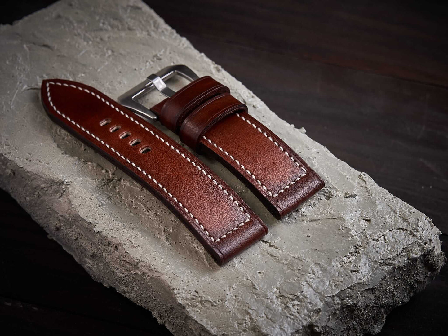 Patina orange brown veg tan leather Panerai strap. Customizable size and details.-2 Moons Leather
