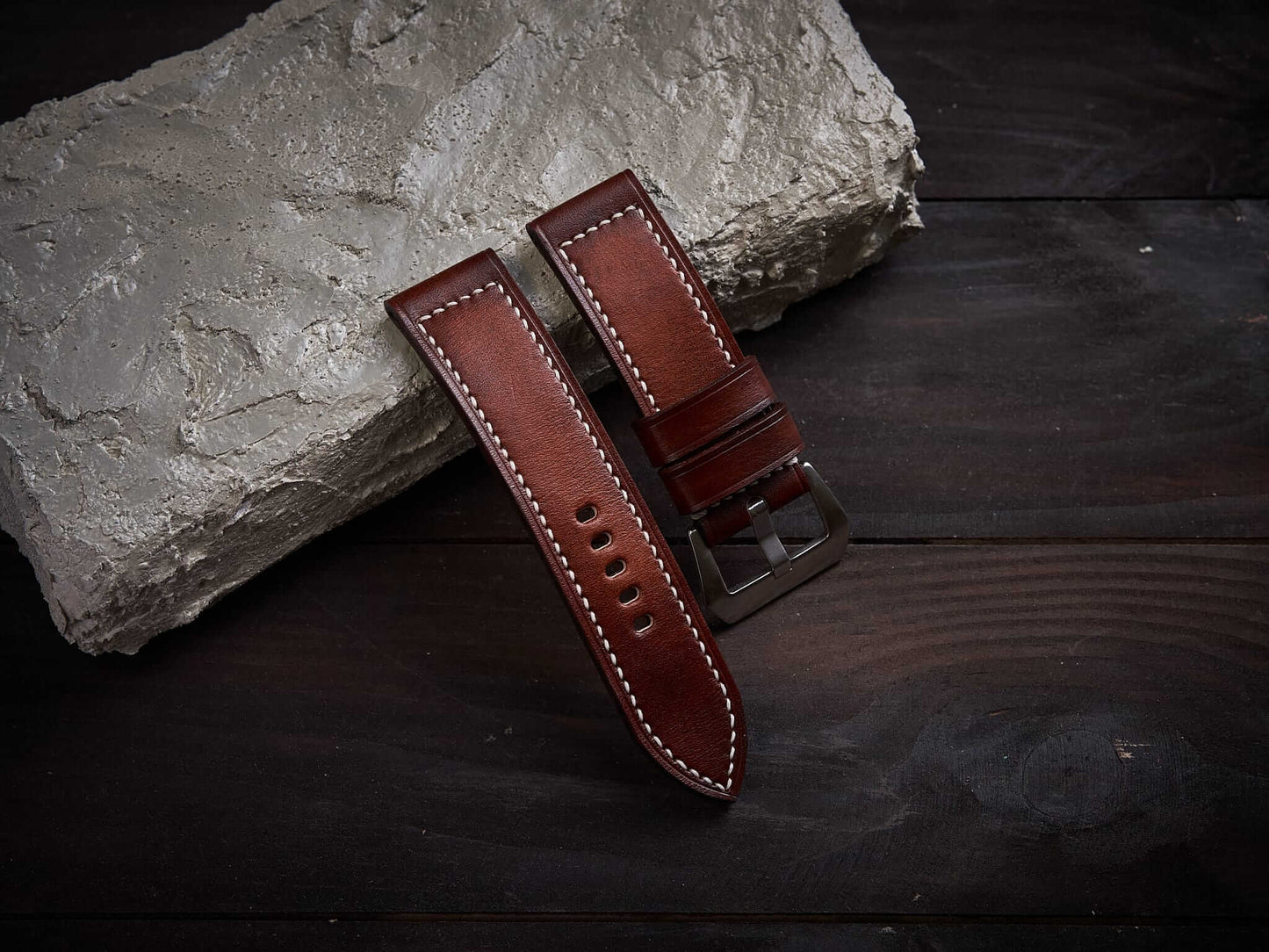 Patina orange brown veg tan leather Panerai strap. Customizable size and details.-2 Moons Leather