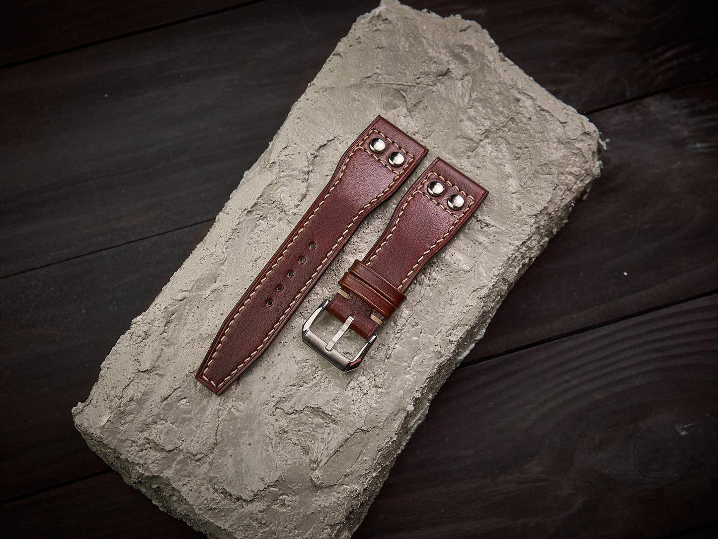 Tan brown veg tan leather rivet pilot strap. Customizable IWC strap.-2 Moons Leather