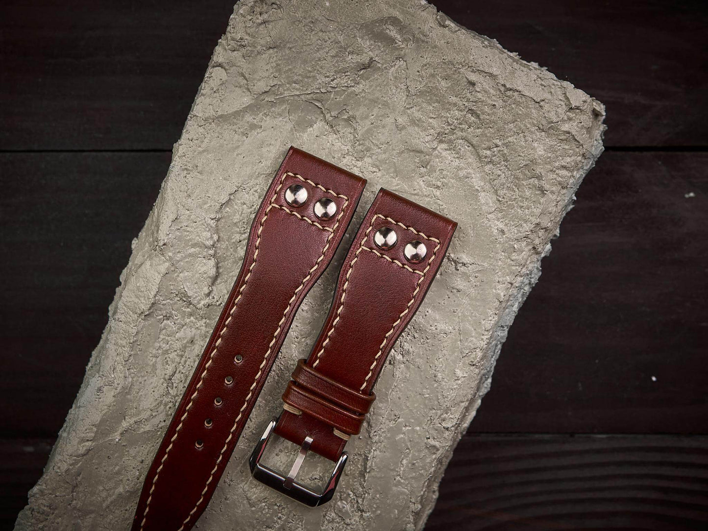 Tan brown veg tan leather rivet pilot strap. Customizable IWC strap.-2 Moons Leather
