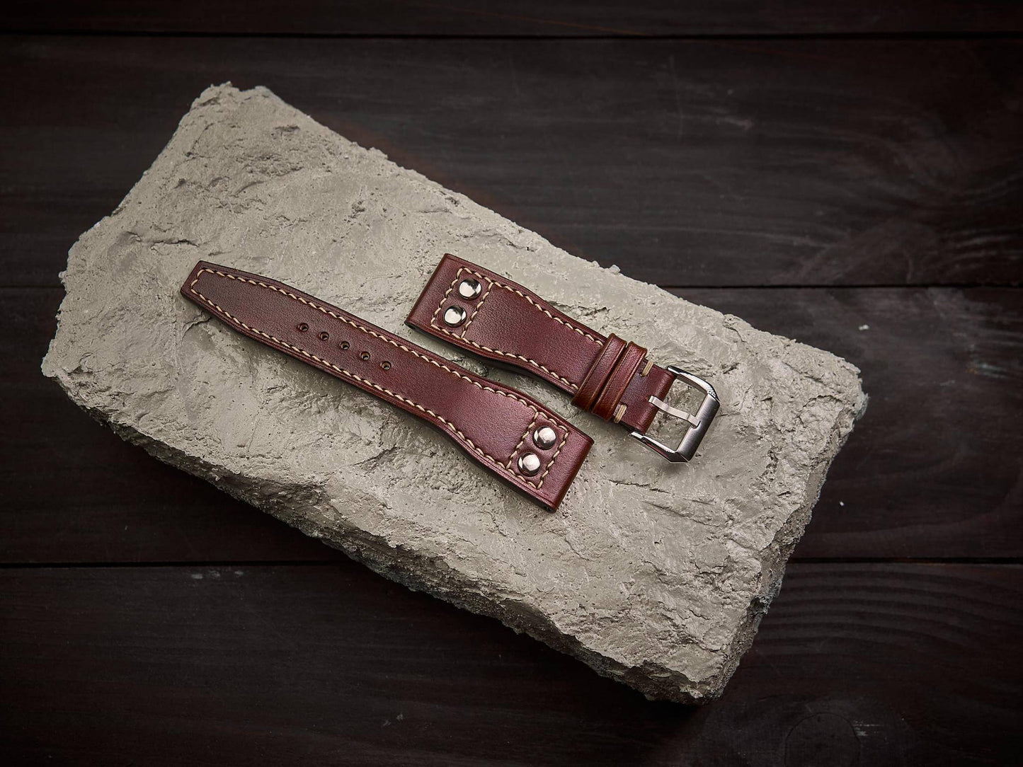 Tan brown veg tan leather rivet pilot strap. Customizable IWC strap.-2 Moons Leather