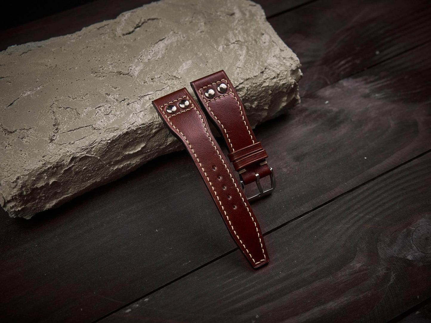 Tan brown veg tan leather rivet pilot strap. Customizable IWC strap.-2 Moons Leather