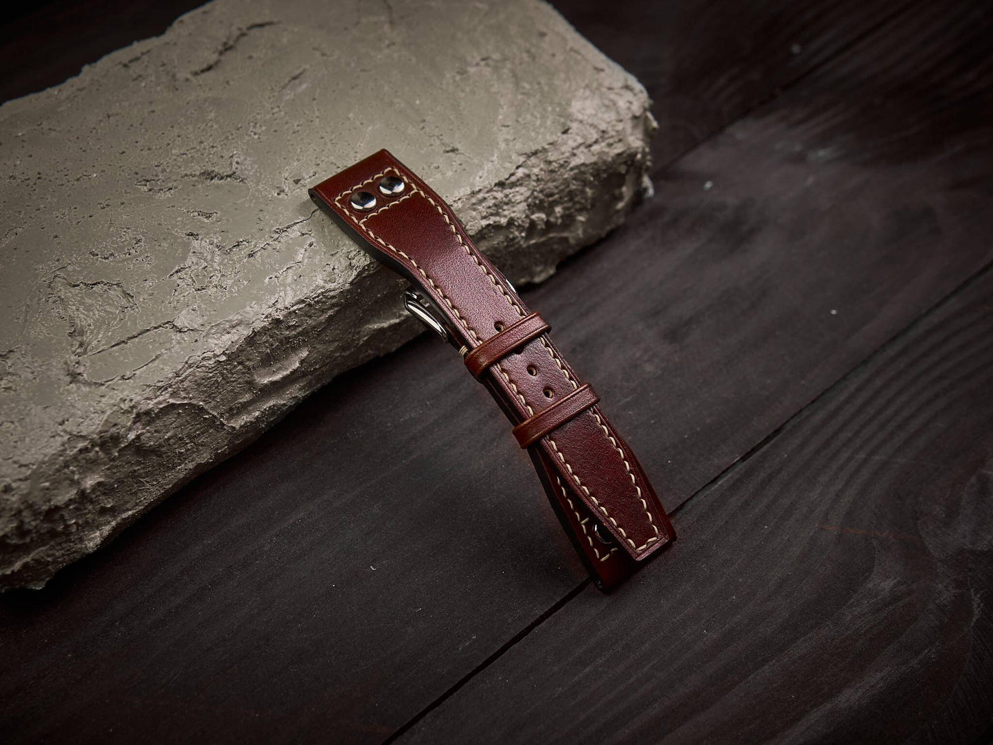 Tan brown veg tan leather rivet pilot strap. Customizable IWC strap.-2 Moons Leather