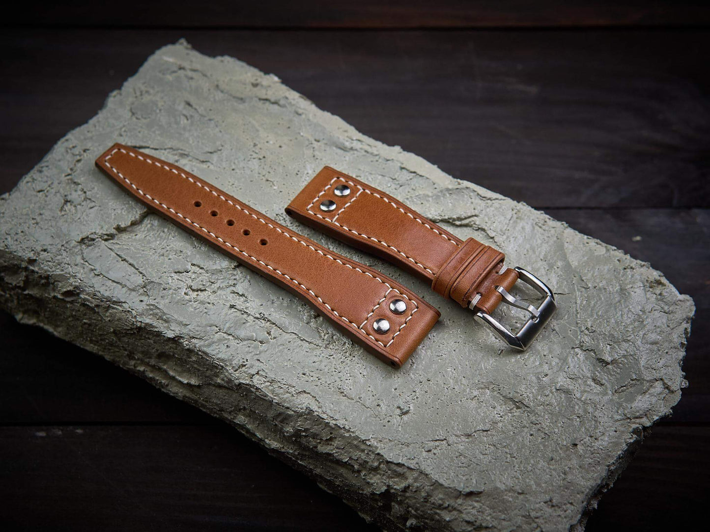 Tan brown vachetta leather rivet pilot strap. Customizable IWC strap.-2 Moons Leather