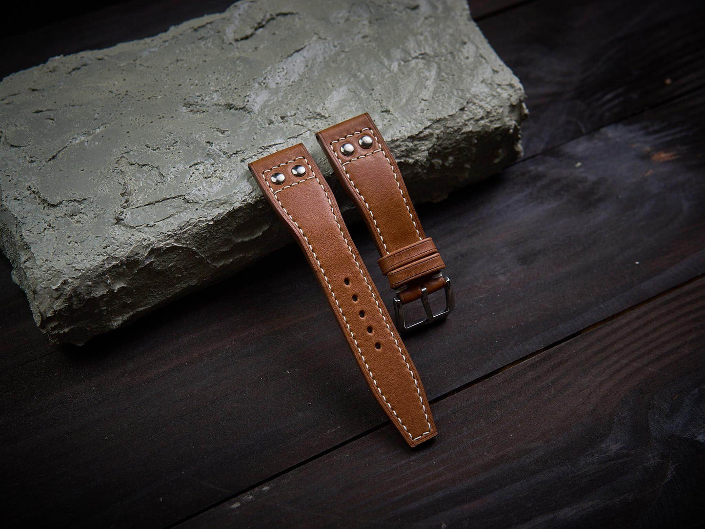 Tan brown vachetta leather rivet pilot strap. Customizable IWC strap.-2 Moons Leather