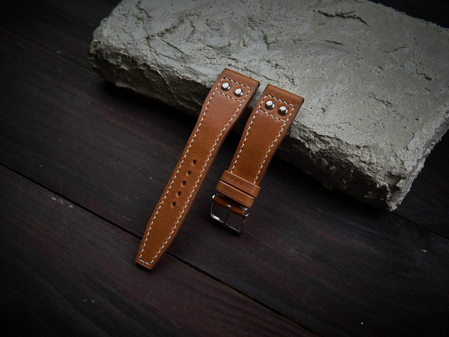 Tan brown vachetta leather rivet pilot strap. Customizable IWC strap.-2 Moons Leather