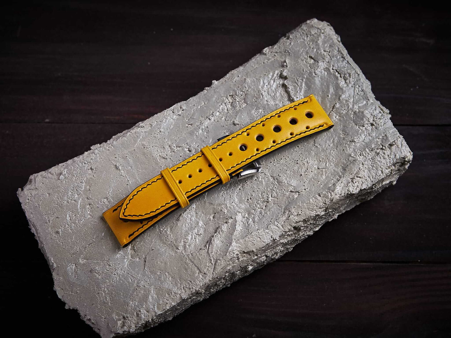 Yellow veg tan leather rally strap. Customizable size and details.-2 Moons Leather