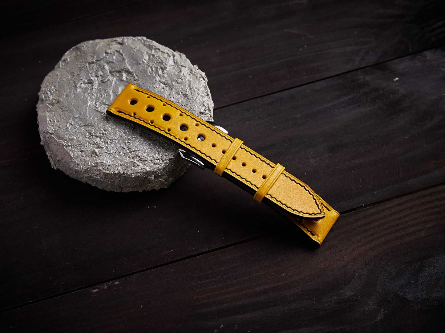 Yellow veg tan leather rally strap. Customizable size and details.-2 Moons Leather