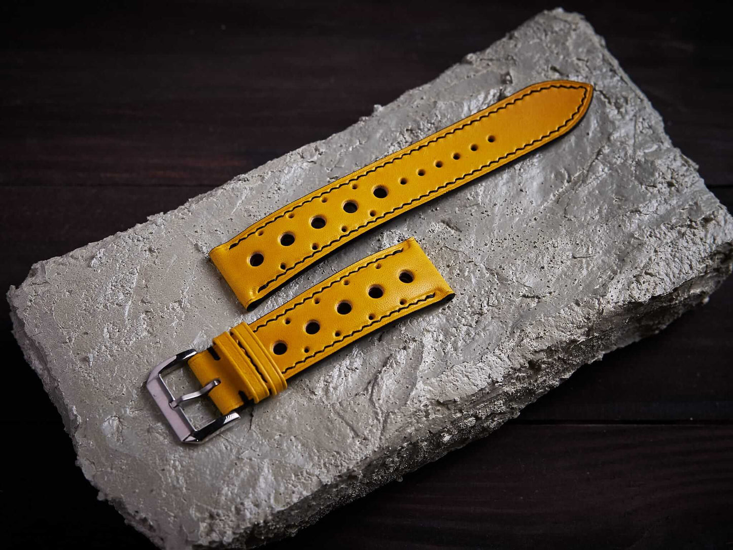 Yellow veg tan leather rally strap. Customizable size and details.-2 Moons Leather
