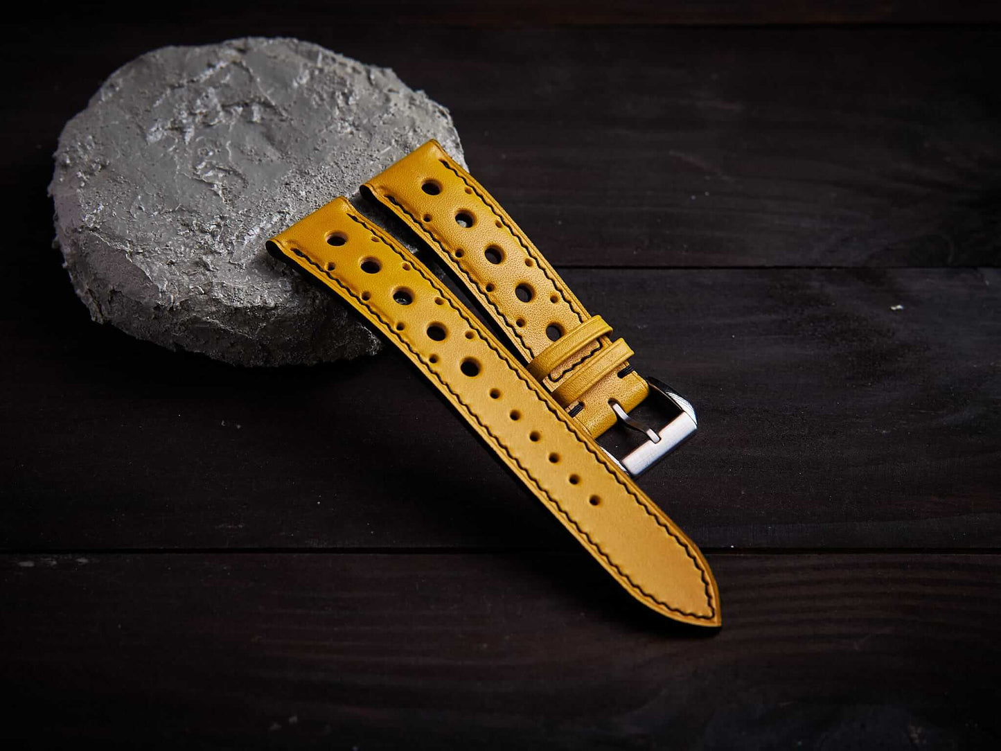 Yellow veg tan leather rally strap. Customizable size and details.-2 Moons Leather