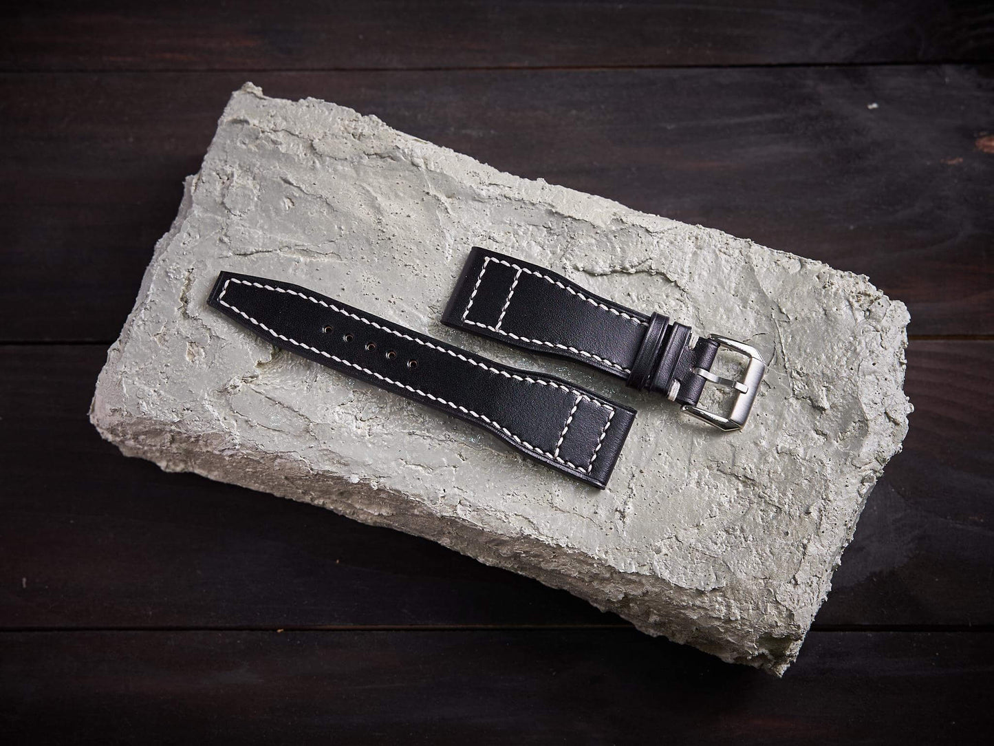 Black veg tan leather pilot strap. Customizable IWC strap.-2 Moons Leather