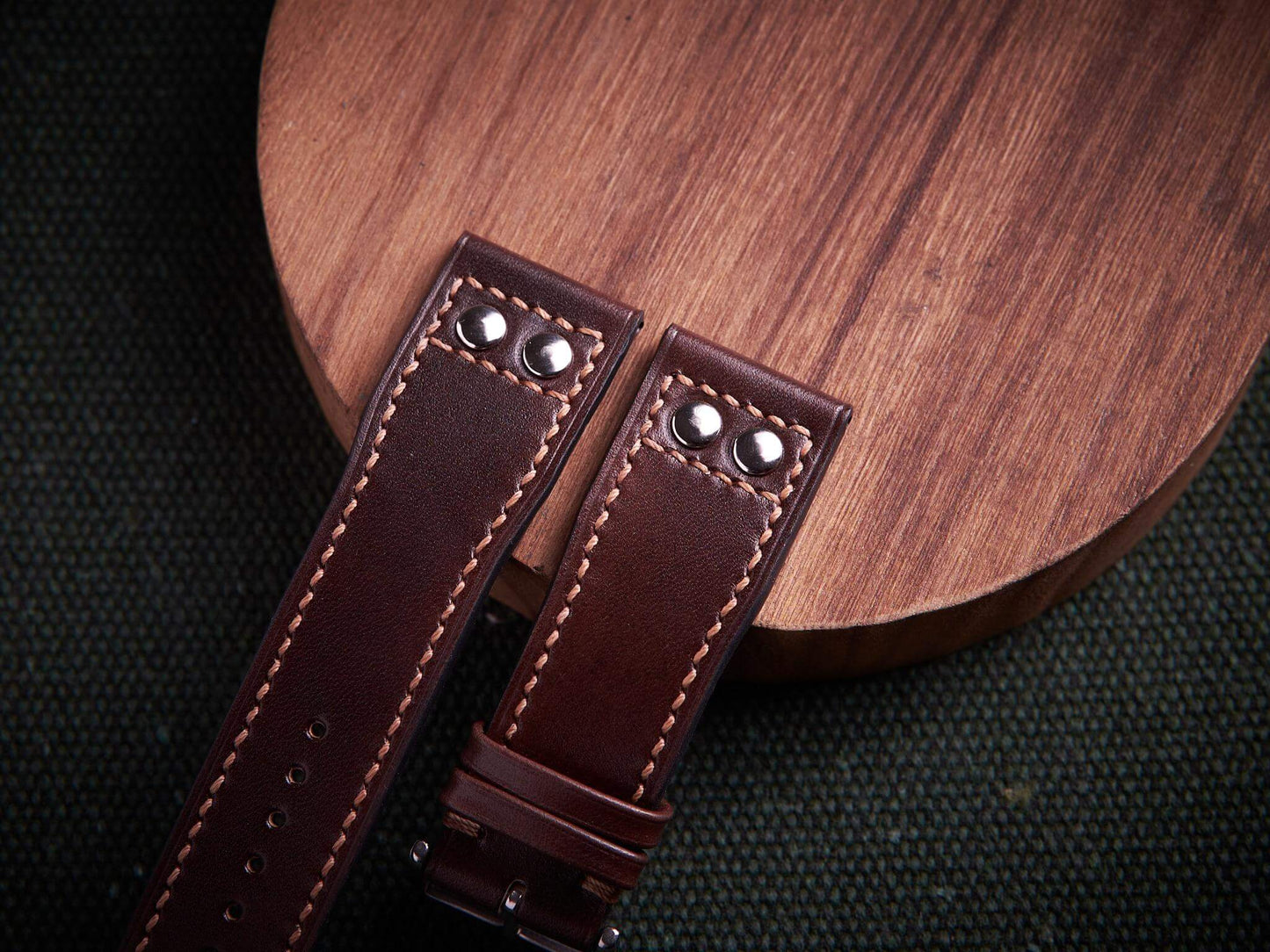 Dark brown veg tan leather rivet pilot strap. Customizable IWC strap.-2 Moons Leather