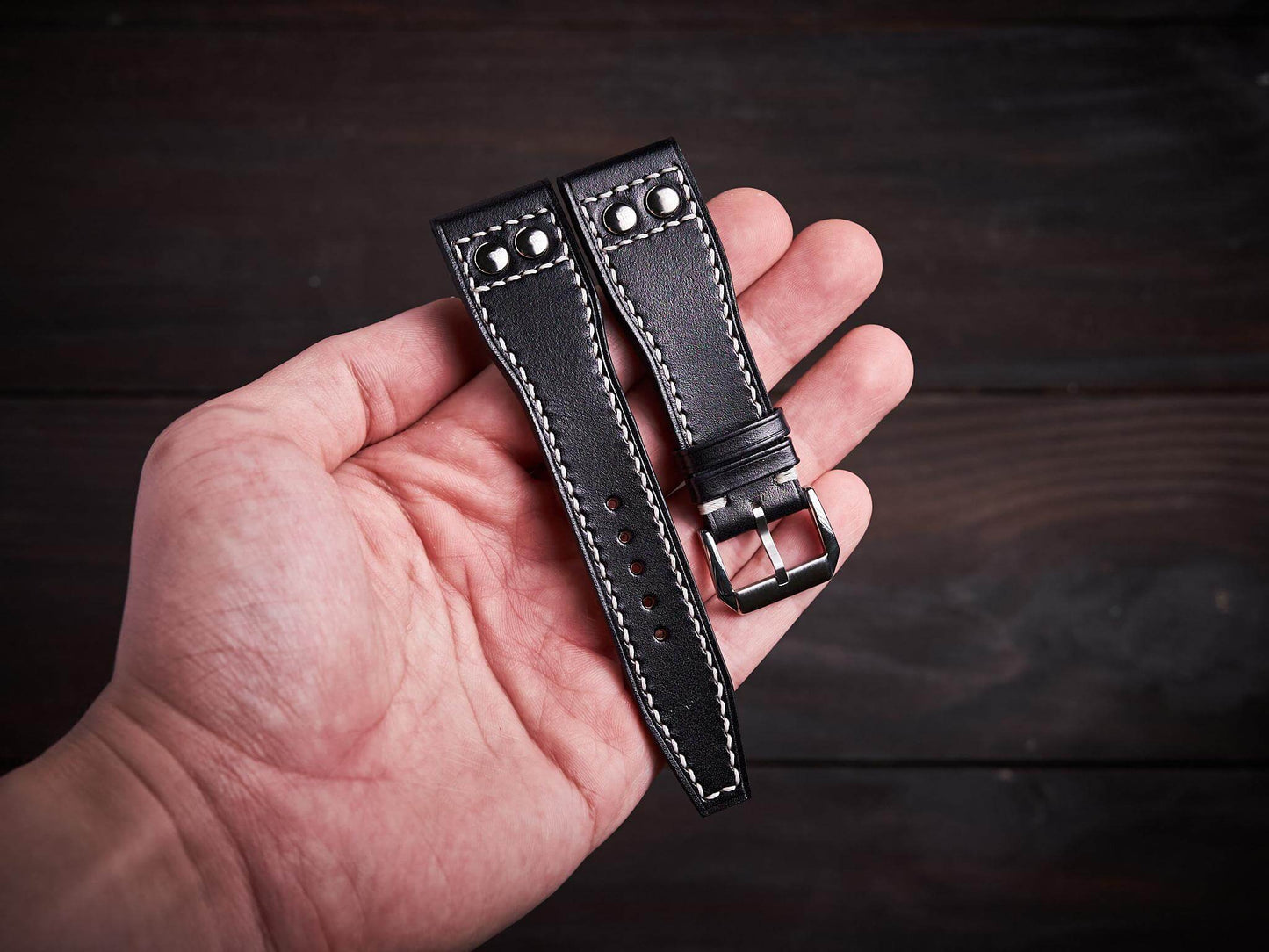 Black veg tan leather rivet pilot strap. Customizable IWC strap.-2 Moons Leather