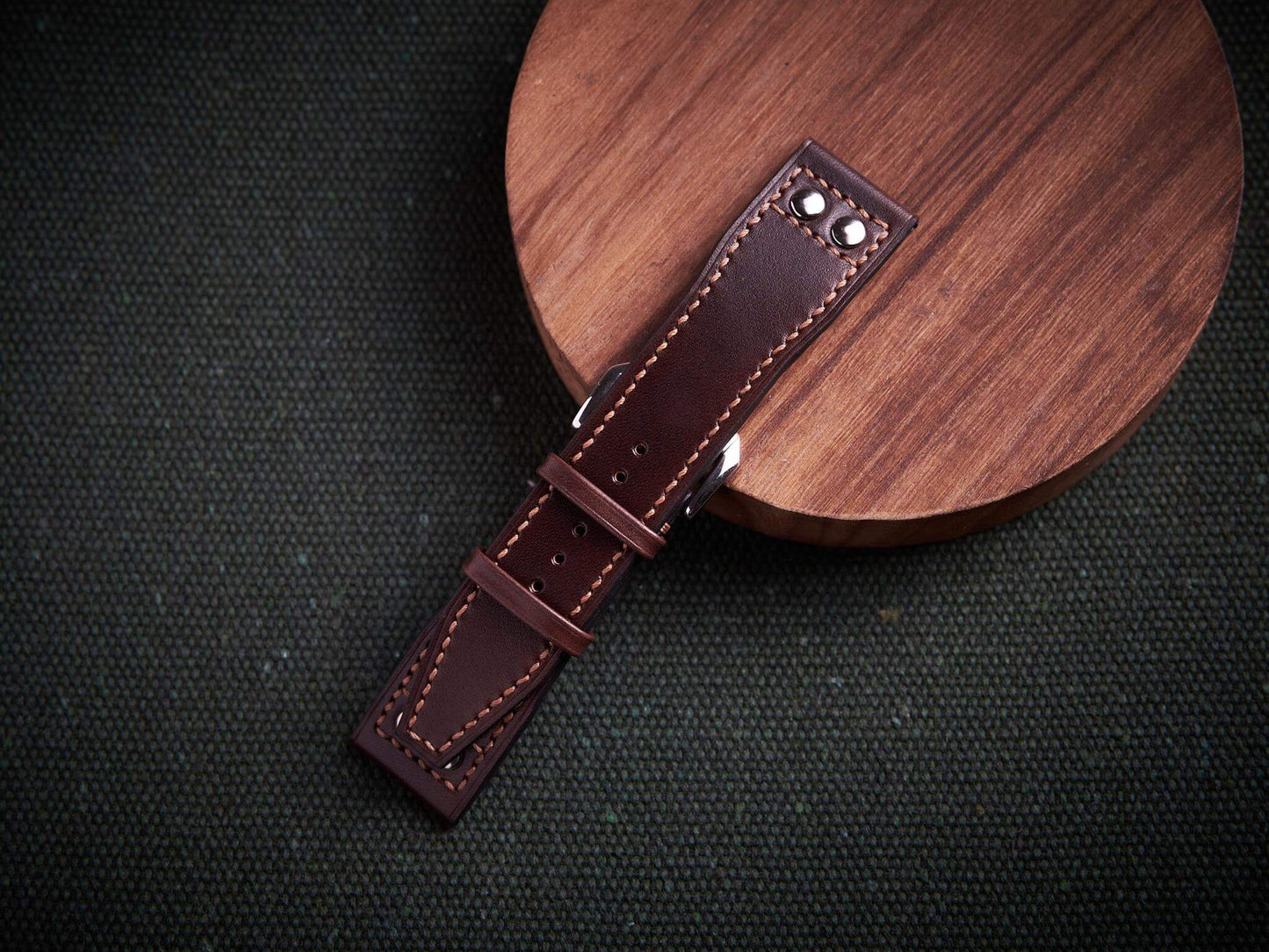 Dark brown veg tan leather rivet pilot strap. Customizable IWC strap.-2 Moons Leather