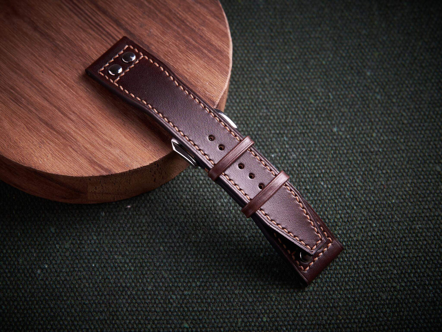 Dark brown veg tan leather rivet pilot strap. Customizable IWC strap.-2 Moons Leather