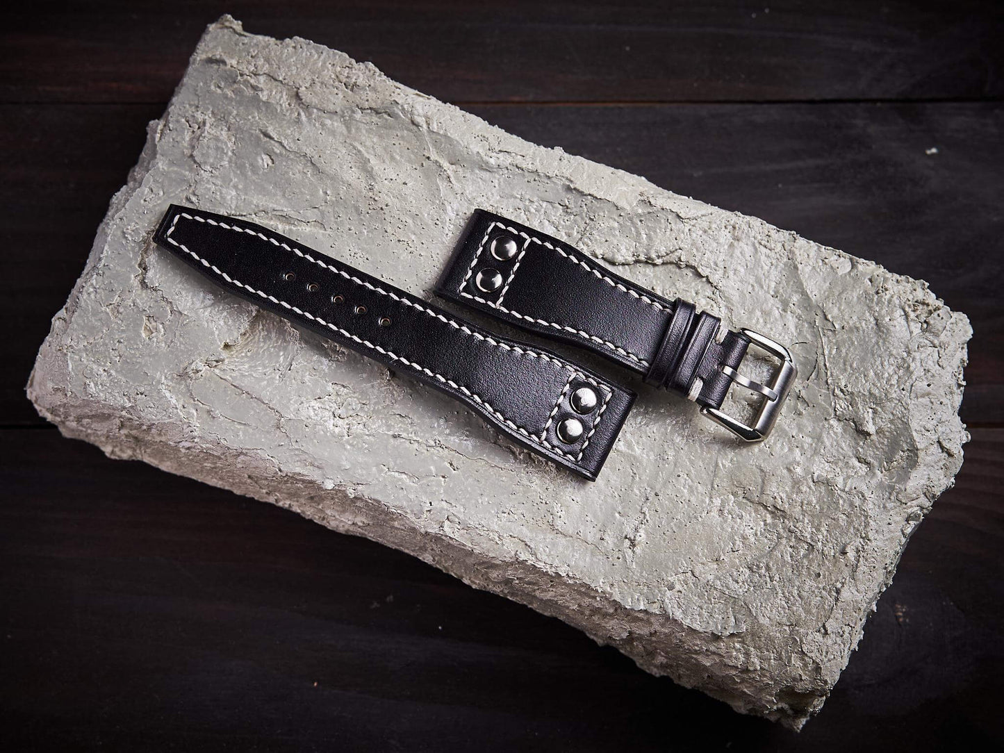 Black veg tan leather rivet pilot strap. Customizable IWC strap.-2 Moons Leather