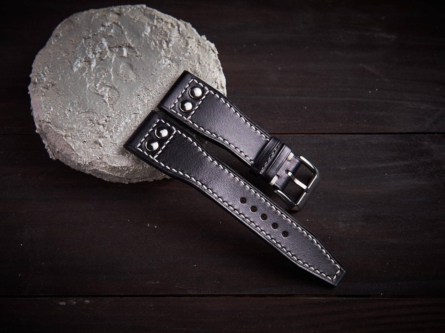 Black veg tan leather rivet pilot strap. Customizable IWC strap.-2 Moons Leather