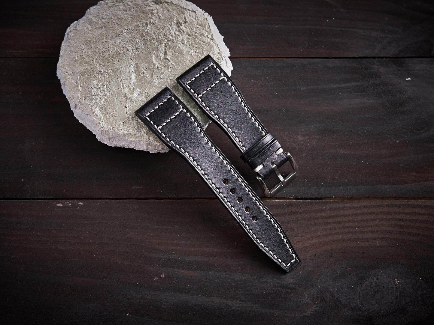 Black veg tan leather pilot strap. Customizable IWC strap.-2 Moons Leather