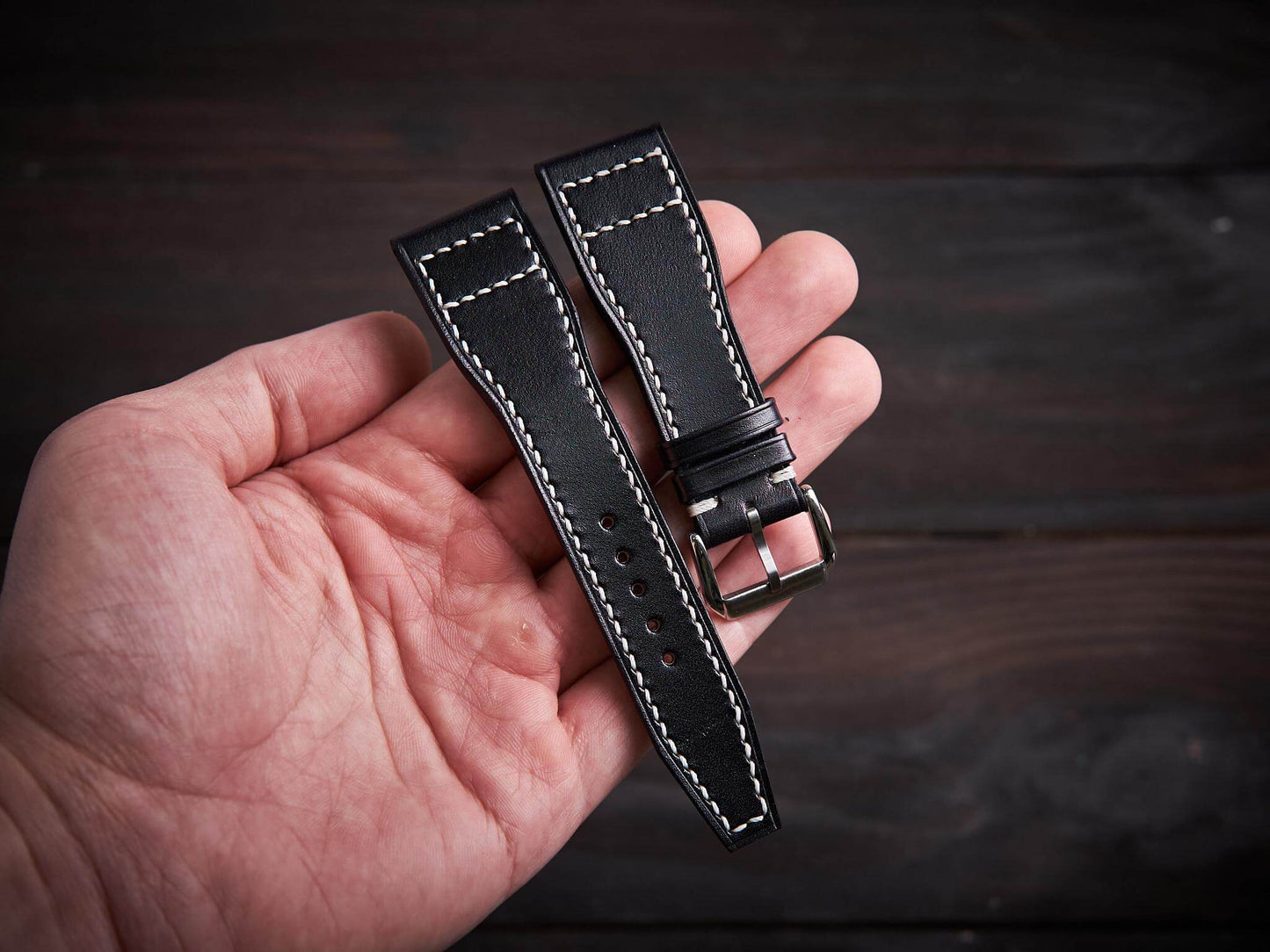 Black veg tan leather pilot strap. Customizable IWC strap.-2 Moons Leather