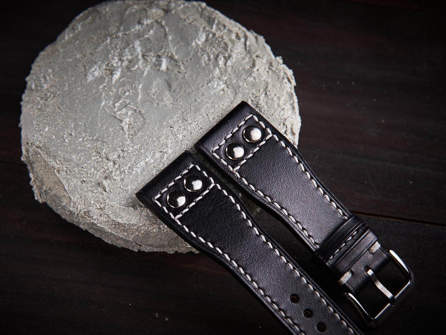 Black veg tan leather rivet pilot strap. Customizable IWC strap.-2 Moons Leather