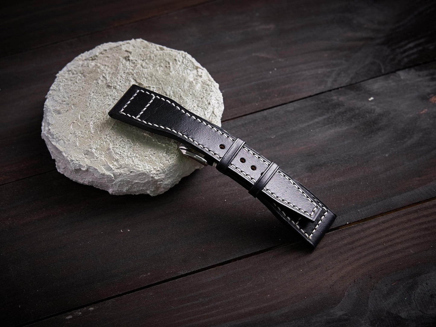 Black veg tan leather pilot strap. Customizable IWC strap.-2 Moons Leather