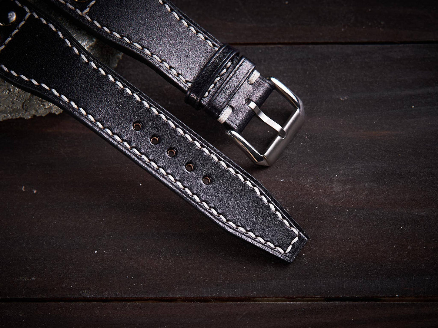 Black veg tan leather rivet pilot strap. Customizable IWC strap.-2 Moons Leather