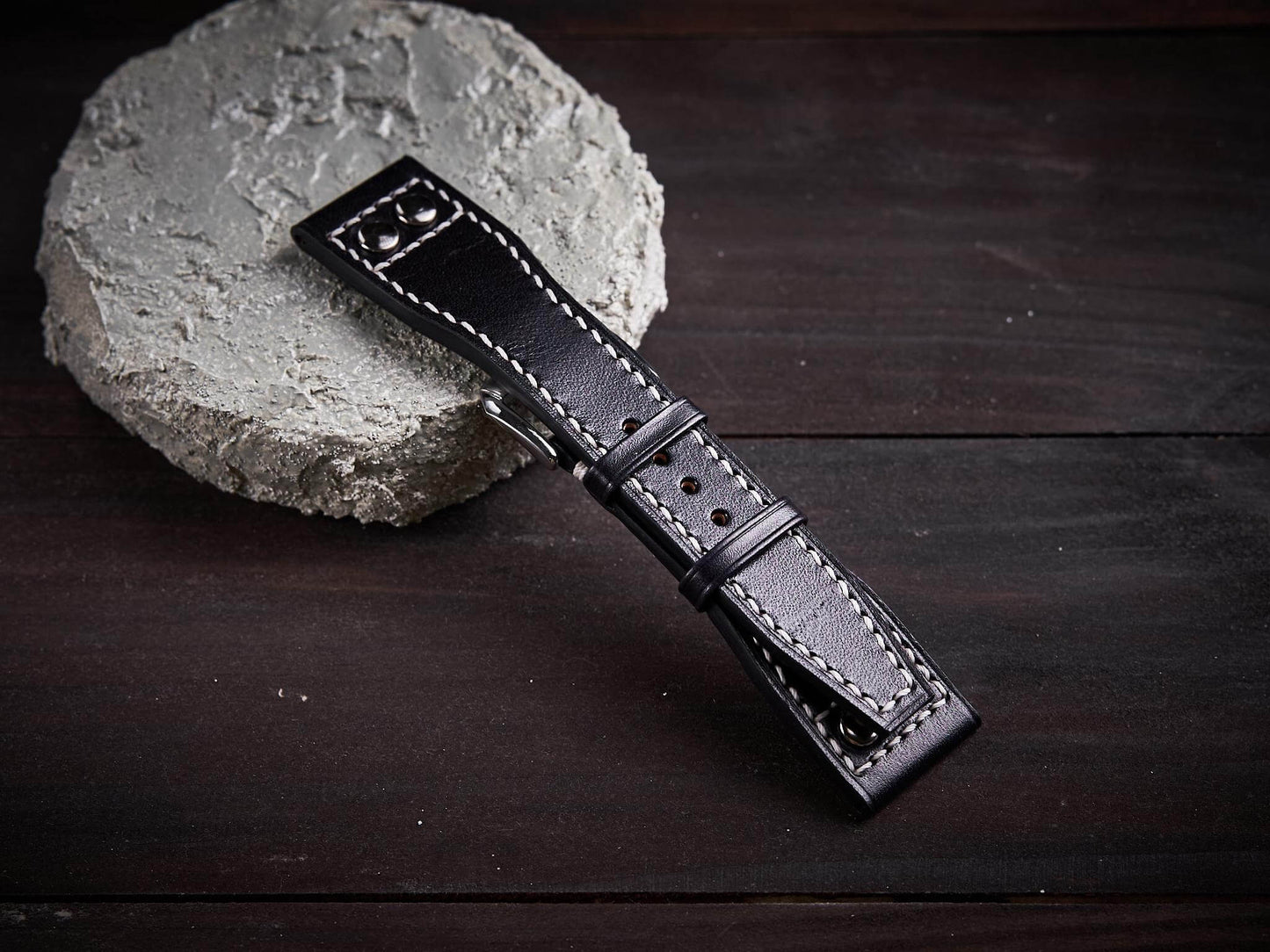 Black veg tan leather rivet pilot strap. Customizable IWC strap.-2 Moons Leather